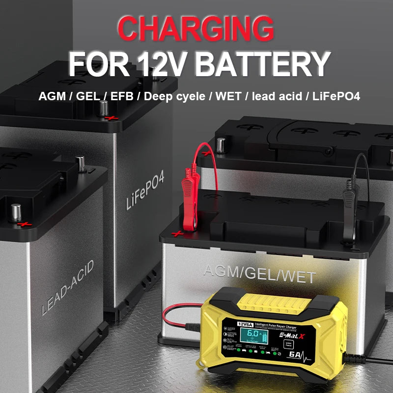 12V 6A Car Battery Charger Pulse Repair LiFePO4 14.6V Smart Fast Charge