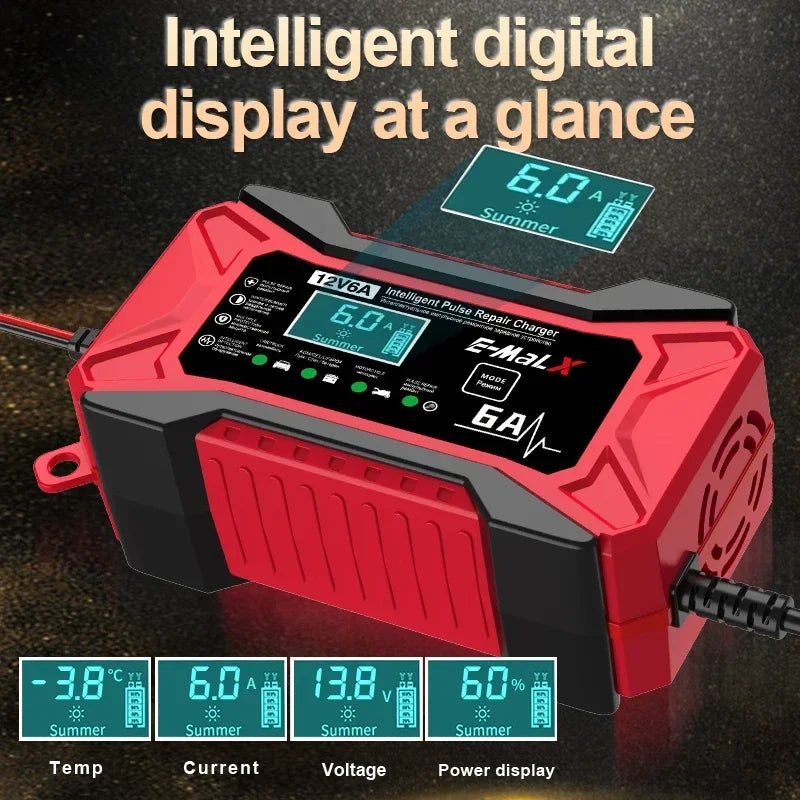 12V 6A Car Battery Charger Pulse Repair LiFePO4 14.6V Smart Fast Charge